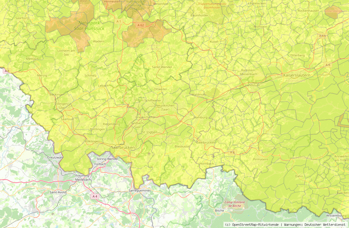 Warnkarte des Deutschen Wetterdienstes für die Region Homburg